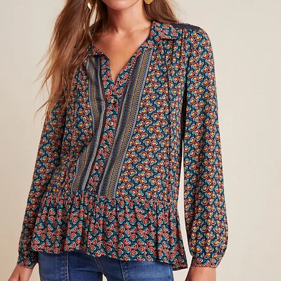 Anthropologie Maeve Janie Spliced Tie V-Neck Peasant Blouse - Picture 1 of 7